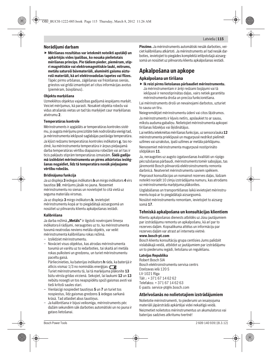 Apkalpošana un apkope | Bosch GMS 120 Professional User Manual | Page 115 / 156