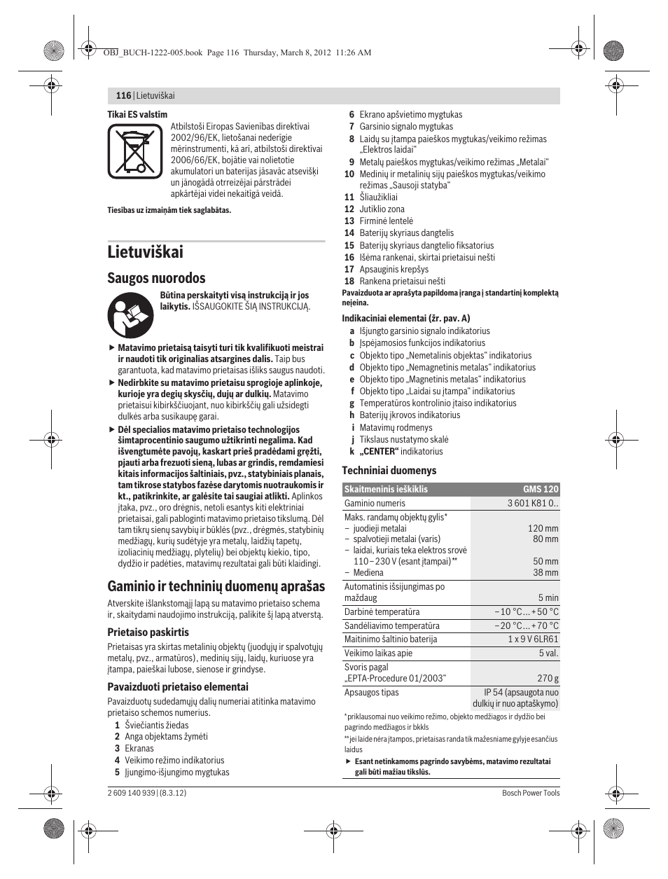 Lietuviškai, Saugos nuorodos, Gaminio ir techninių duomenų aprašas | Bosch GMS 120 Professional User Manual | Page 116 / 156