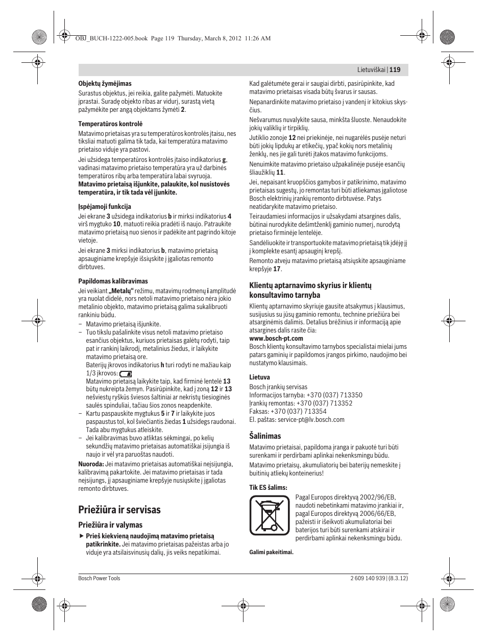 Priežiūra ir servisas | Bosch GMS 120 Professional User Manual | Page 119 / 156