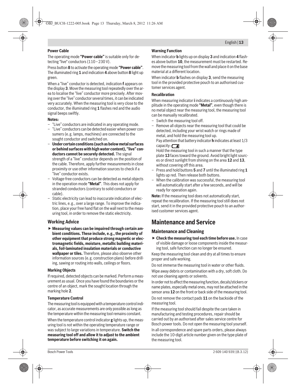 Maintenance and service | Bosch GMS 120 Professional User Manual | Page 13 / 156