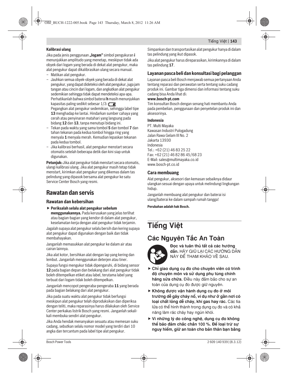 Tiøng vi·t, Rawatan dan servis, C¯c nguy›n täc an toμn | Bosch GMS 120 Professional User Manual | Page 143 / 156