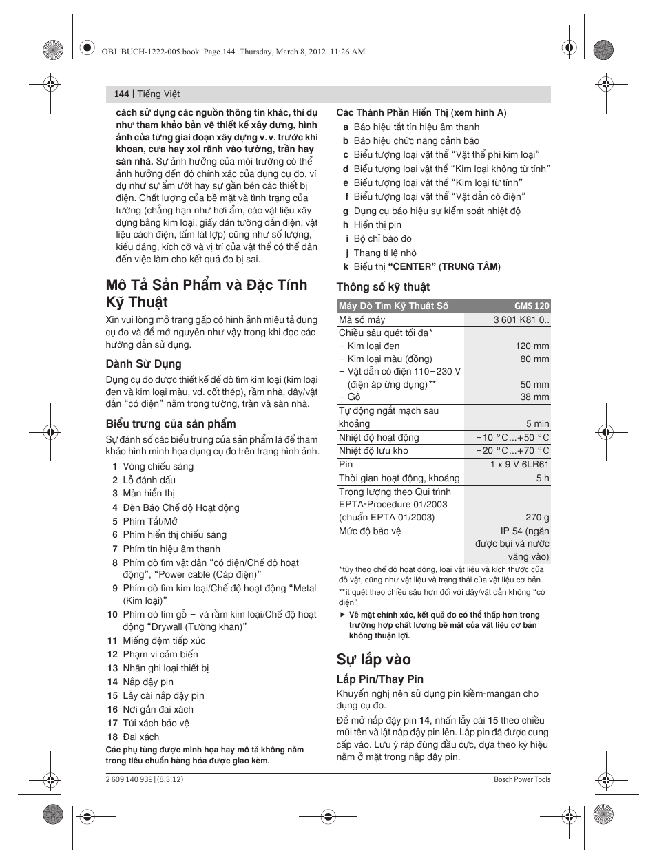 Mä tω sωn ph¤m vμ [◊c tflnh kþ thuÿt, Sú läp vμo | Bosch GMS 120 Professional User Manual | Page 144 / 156