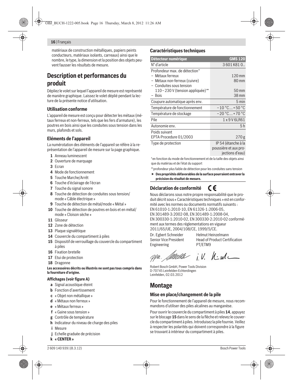 Description et performances du produit, Montage | Bosch GMS 120 Professional User Manual | Page 16 / 156