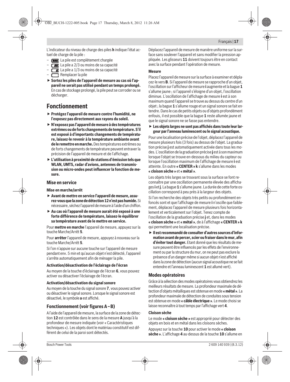 Fonctionnement | Bosch GMS 120 Professional User Manual | Page 17 / 156