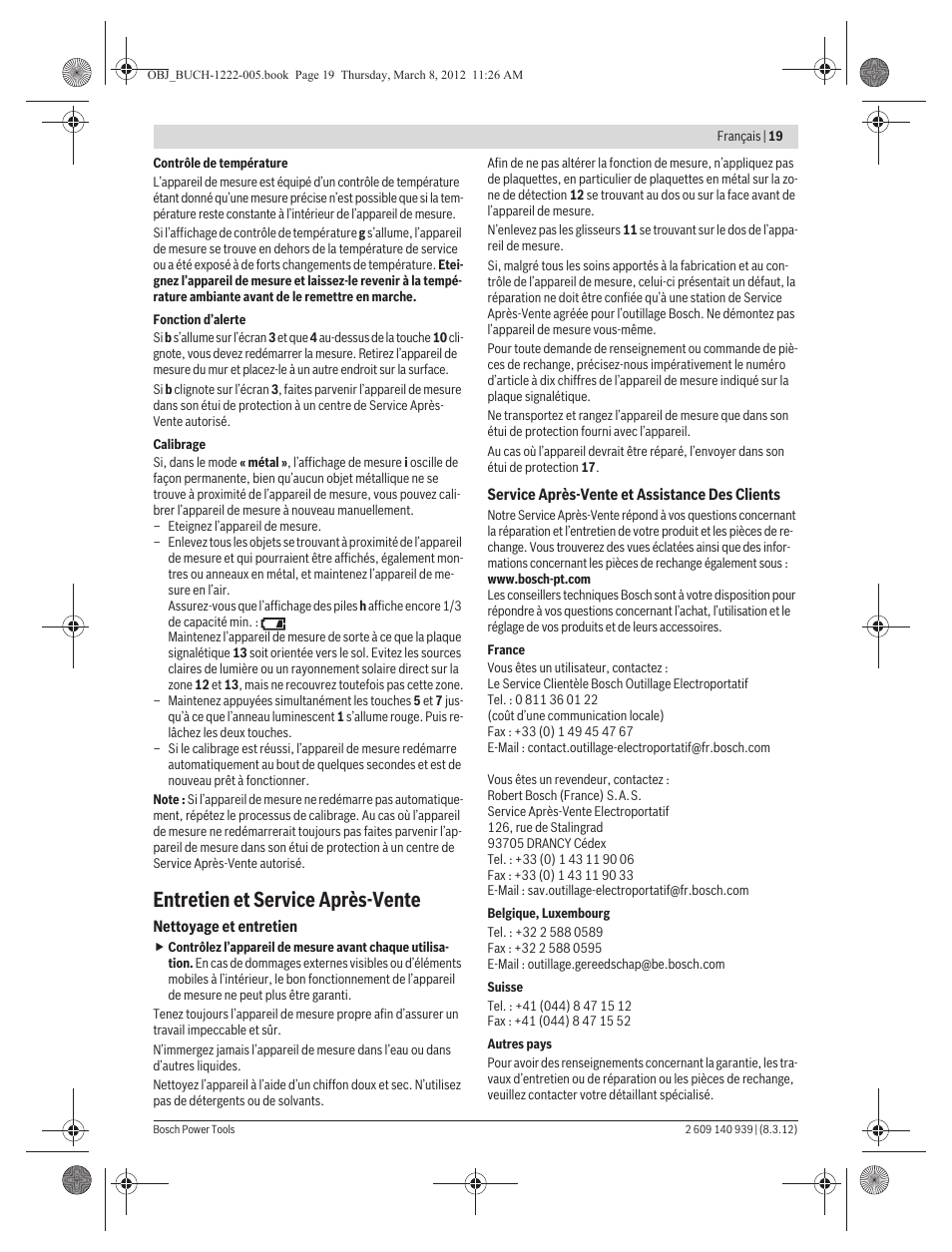 Entretien et service après-vente | Bosch GMS 120 Professional User Manual | Page 19 / 156