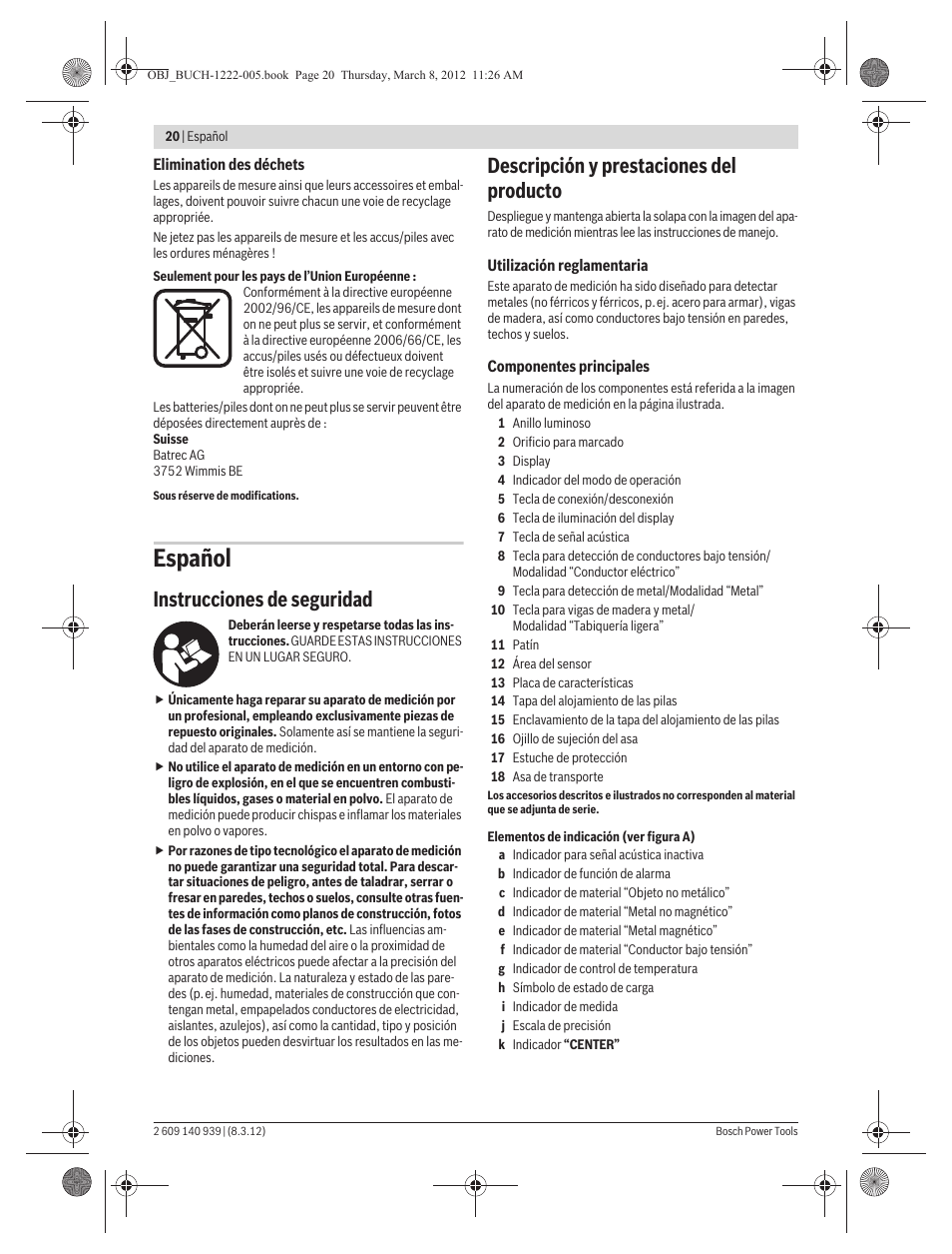 Español, Instrucciones de seguridad, Descripción y prestaciones del producto | Bosch GMS 120 Professional User Manual | Page 20 / 156