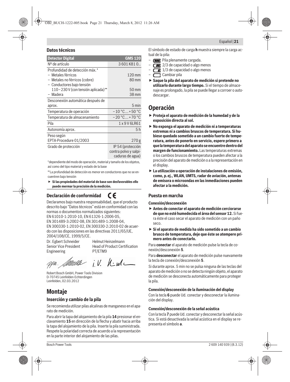 Montaje, Operación | Bosch GMS 120 Professional User Manual | Page 21 / 156