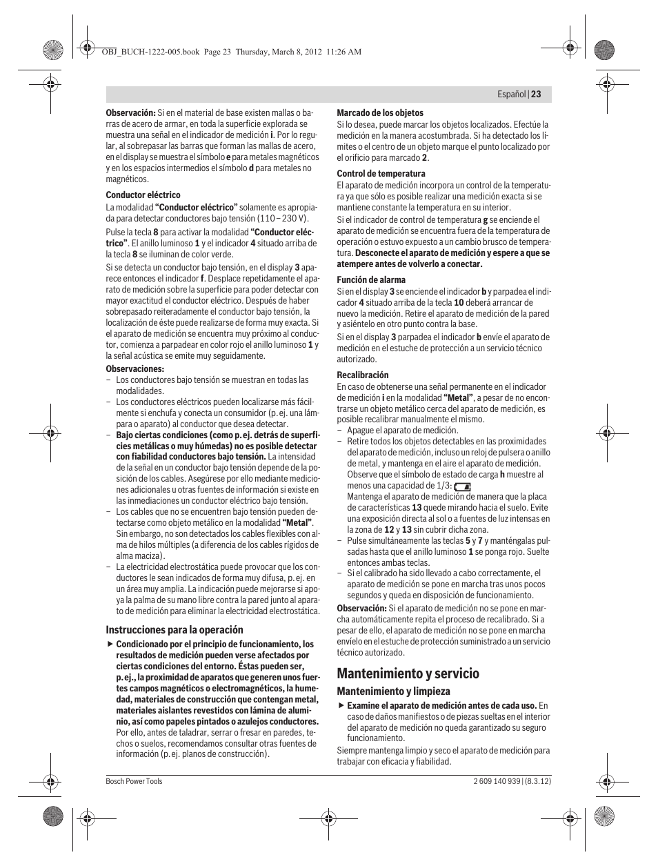 Mantenimiento y servicio | Bosch GMS 120 Professional User Manual | Page 23 / 156