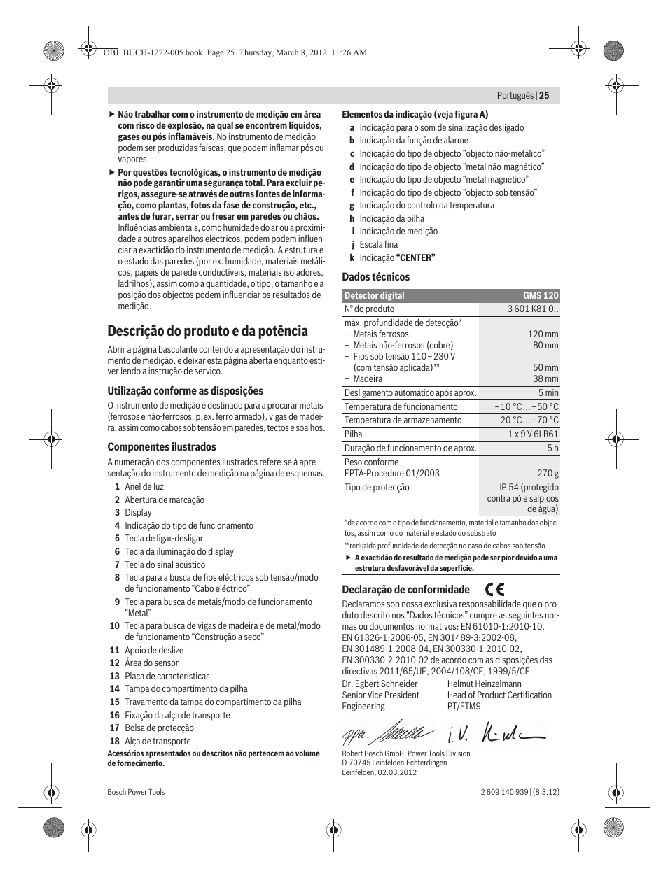 Descrição do produto e da potência | Bosch GMS 120 Professional User Manual | Page 25 / 156