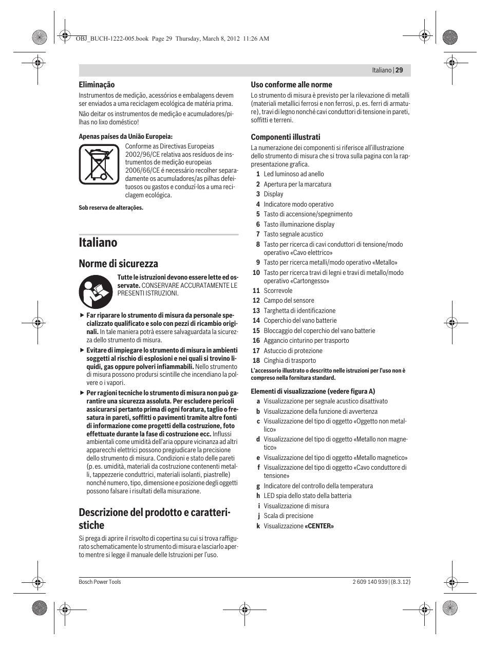 Italiano, Norme di sicurezza, Descrizione del prodotto e caratteri- stiche | Bosch GMS 120 Professional User Manual | Page 29 / 156