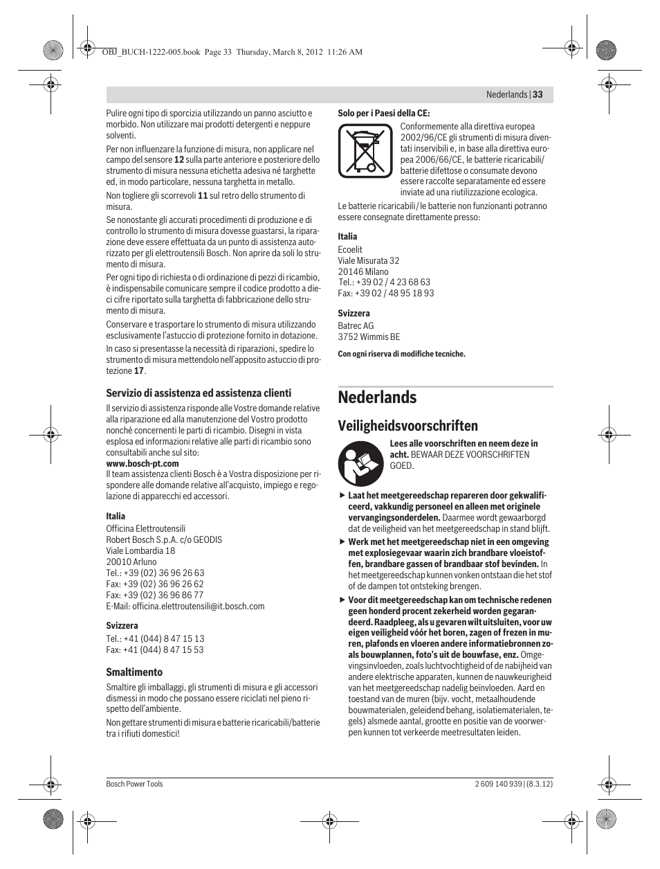 Nederlands, Veiligheidsvoorschriften | Bosch GMS 120 Professional User Manual | Page 33 / 156