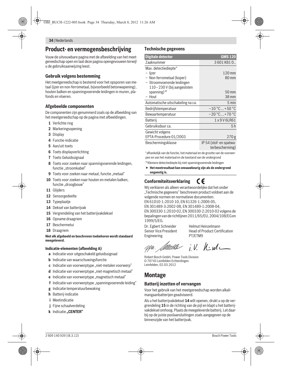 Product- en vermogensbeschrijving, Montage | Bosch GMS 120 Professional User Manual | Page 34 / 156