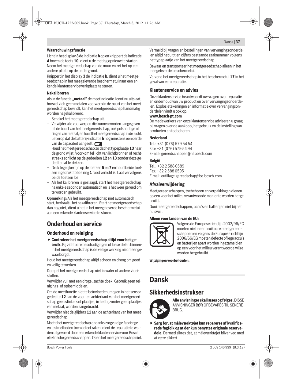 Dansk, Onderhoud en service, Sikkerhedsinstrukser | Bosch GMS 120 Professional User Manual | Page 37 / 156