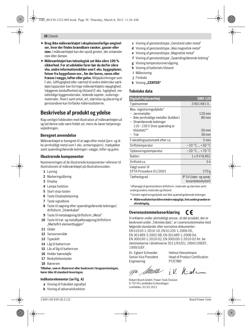 Beskrivelse af produkt og ydelse | Bosch GMS 120 Professional User Manual | Page 38 / 156