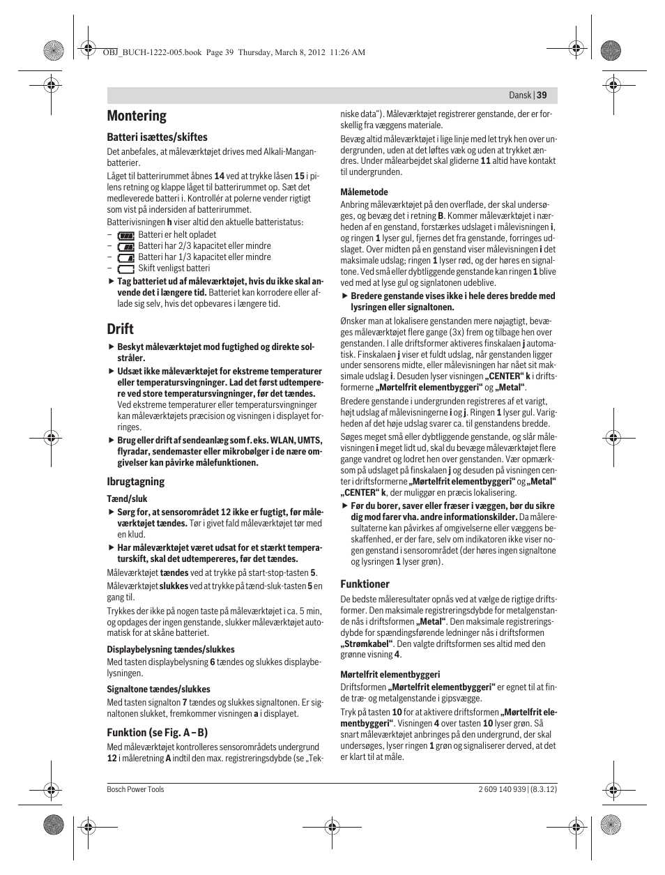 Montering, Drift | Bosch GMS 120 Professional User Manual | Page 39 / 156