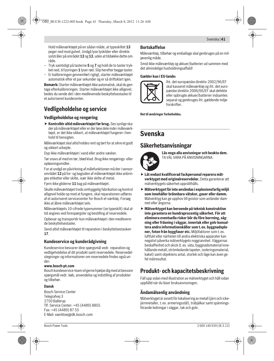 Svenska, Vedligeholdelse og service, Säkerhetsanvisningar | Produkt- och kapacitetsbeskrivning | Bosch GMS 120 Professional User Manual | Page 41 / 156