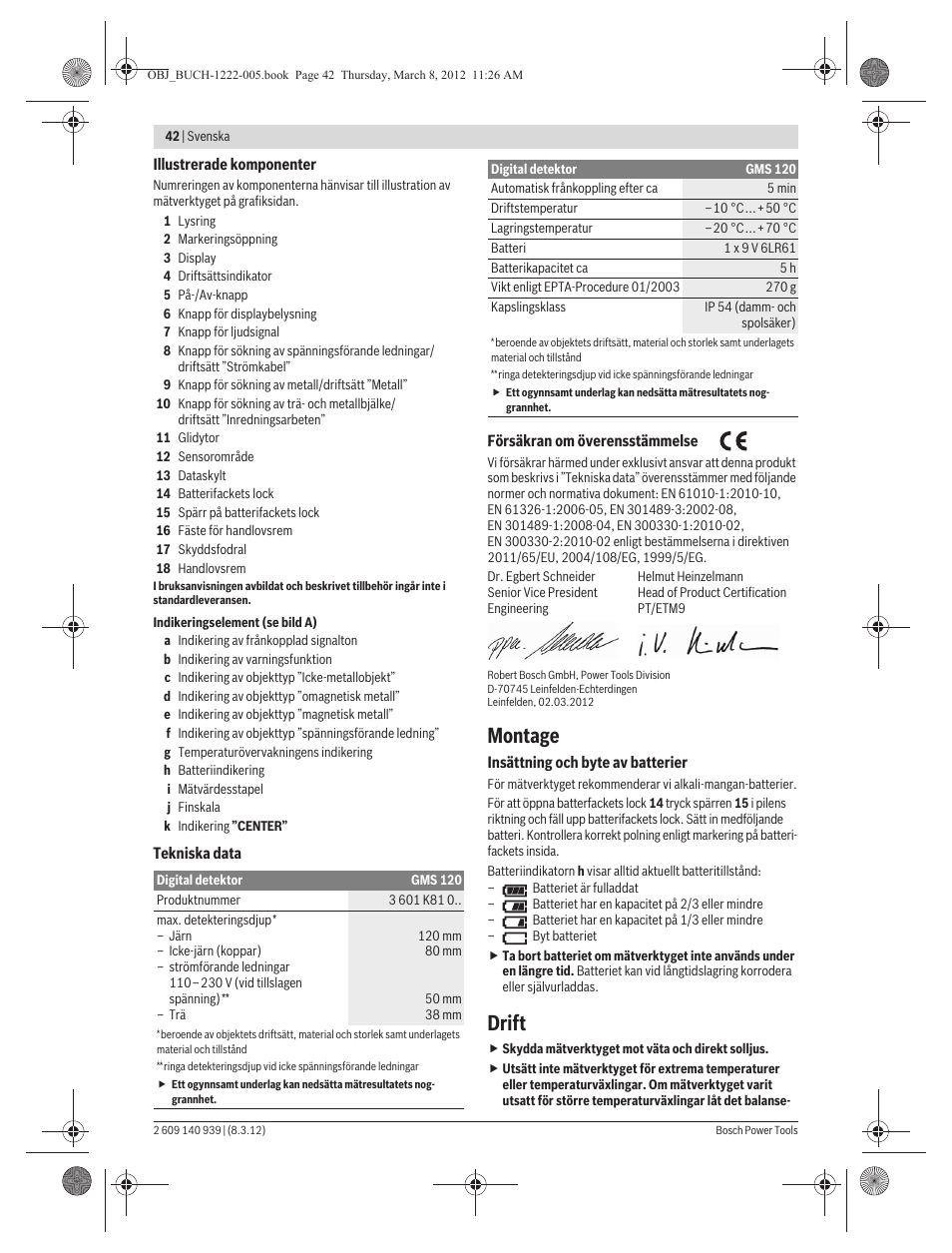Montage, Drift | Bosch GMS 120 Professional User Manual | Page 42 / 156