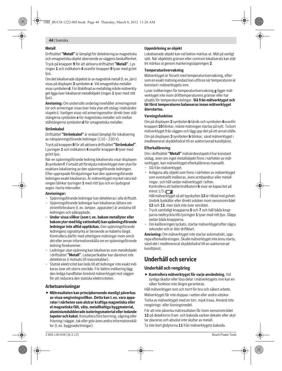 Underhåll och service | Bosch GMS 120 Professional User Manual | Page 44 / 156