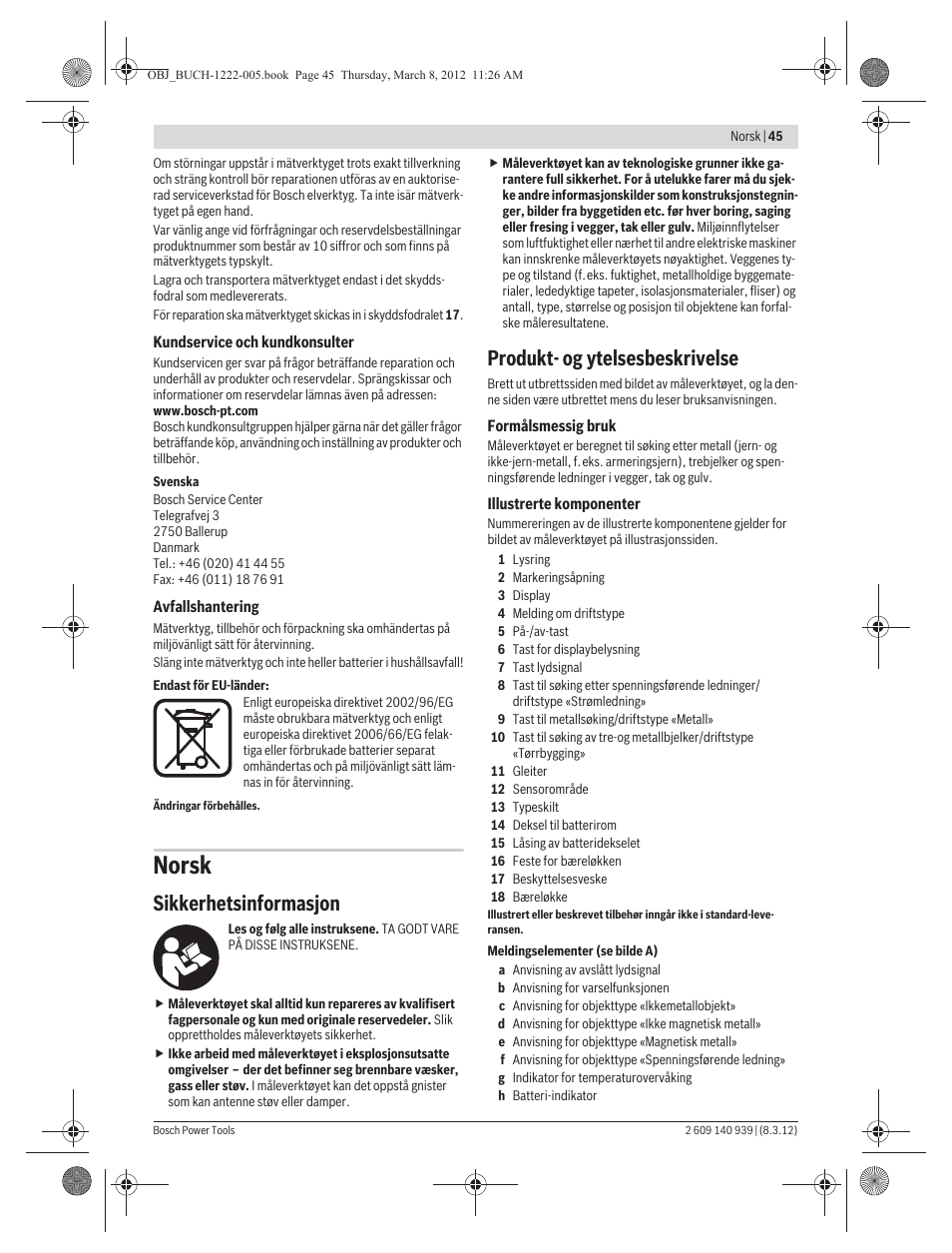 Norsk, Sikkerhetsinformasjon, Produkt- og ytelsesbeskrivelse | Bosch GMS 120 Professional User Manual | Page 45 / 156