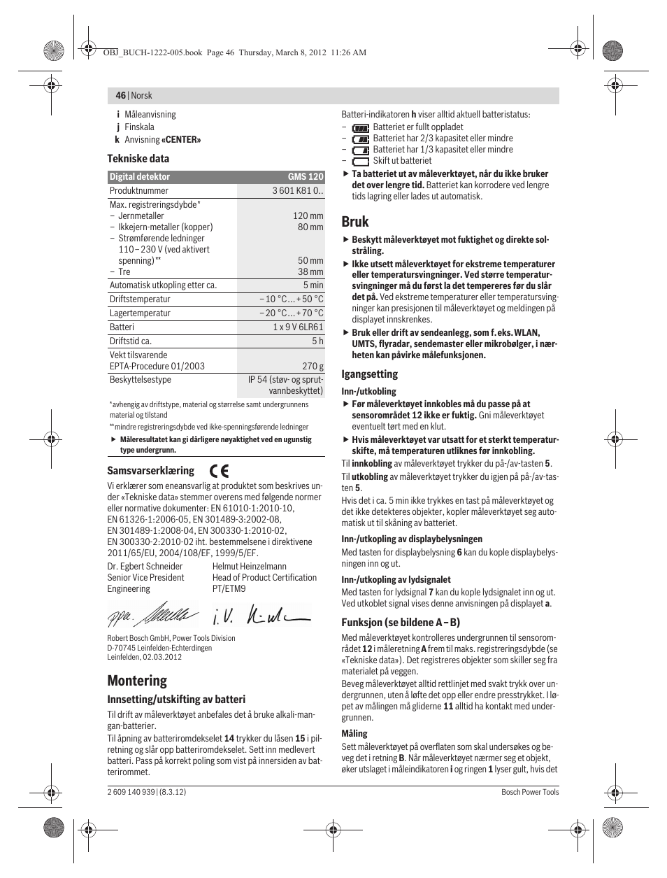 Montering, Bruk | Bosch GMS 120 Professional User Manual | Page 46 / 156