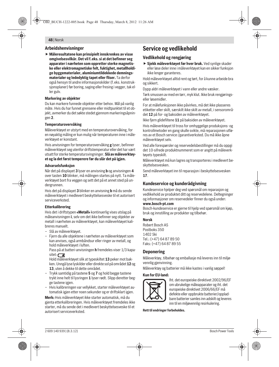 Service og vedlikehold | Bosch GMS 120 Professional User Manual | Page 48 / 156