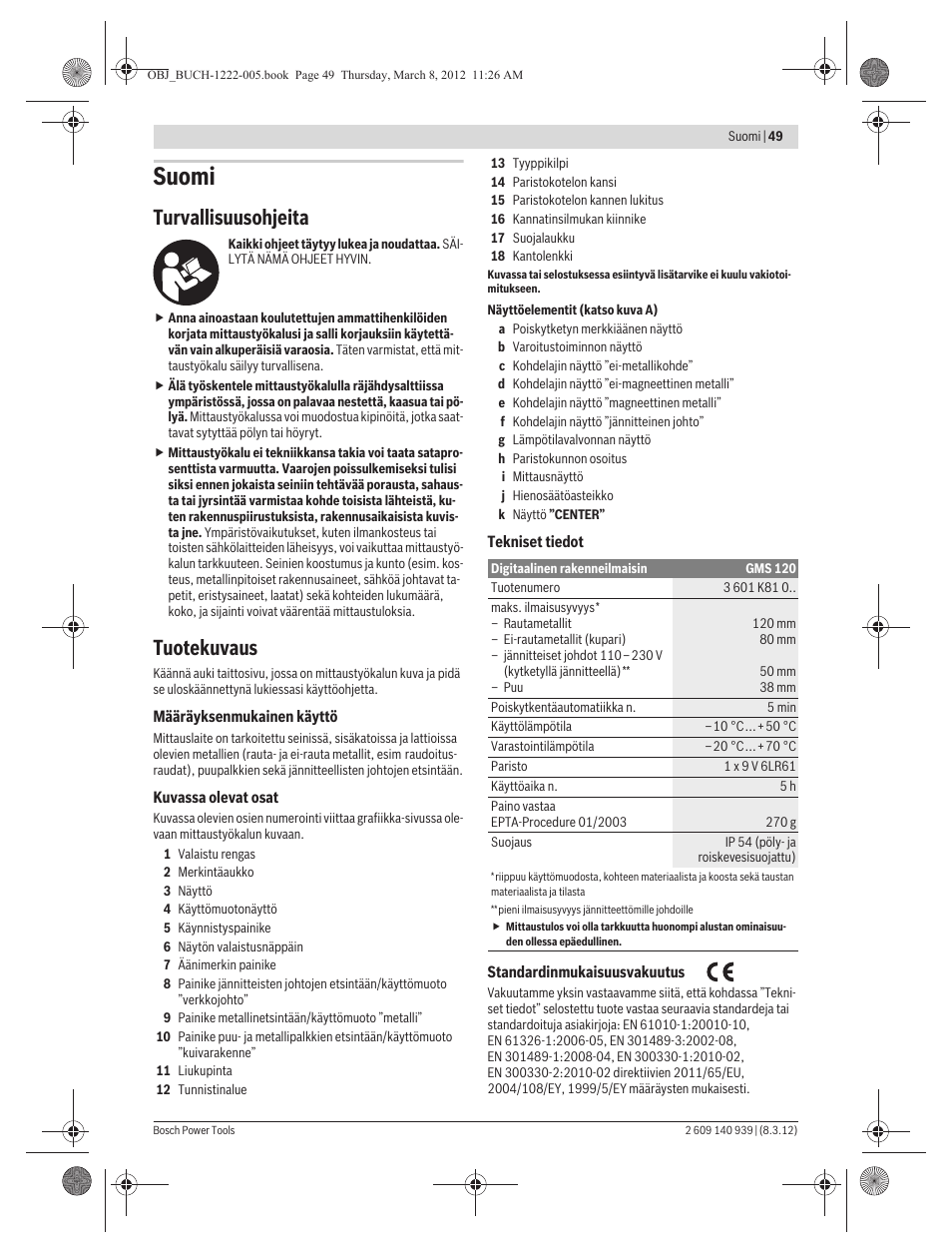 Suomi, Turvallisuusohjeita, Tuotekuvaus | Bosch GMS 120 Professional User Manual | Page 49 / 156