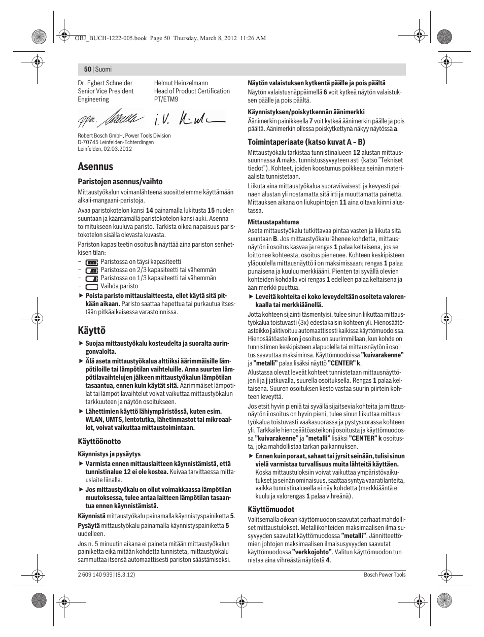 Asennus, Käyttö | Bosch GMS 120 Professional User Manual | Page 50 / 156