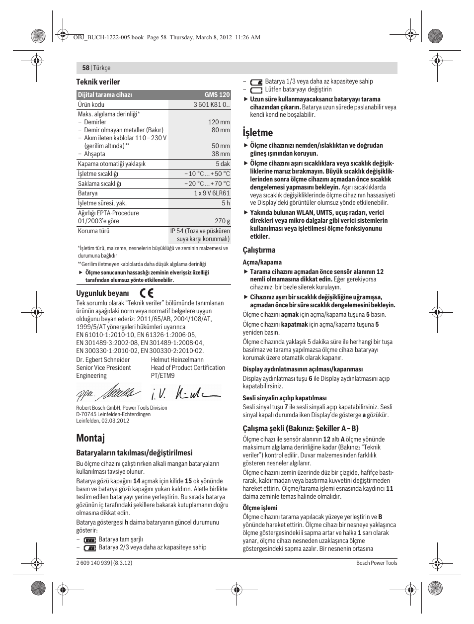 Montaj, Işletme | Bosch GMS 120 Professional User Manual | Page 58 / 156