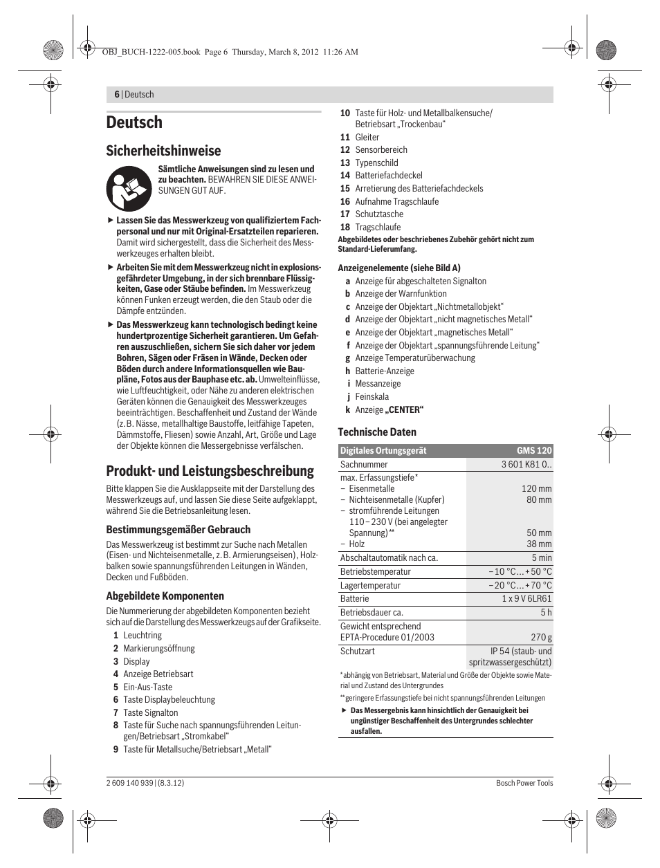Deutsch, Sicherheitshinweise, Produkt- und leistungsbeschreibung | Bosch GMS 120 Professional User Manual | Page 6 / 156
