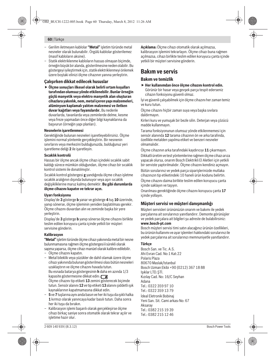 Bak m ve servis | Bosch GMS 120 Professional User Manual | Page 60 / 156