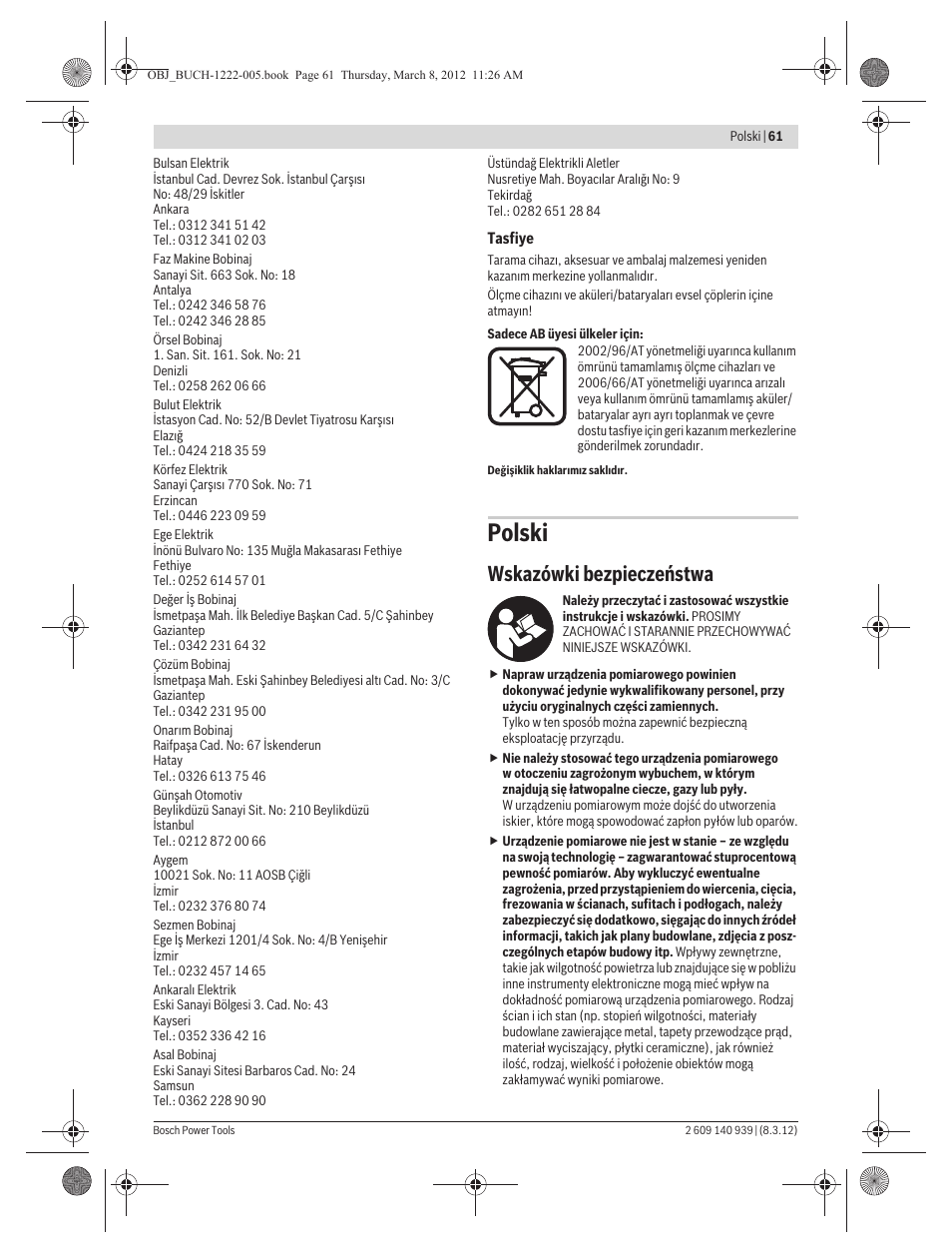 Polski, Wskazówki bezpieczeństwa | Bosch GMS 120 Professional User Manual | Page 61 / 156