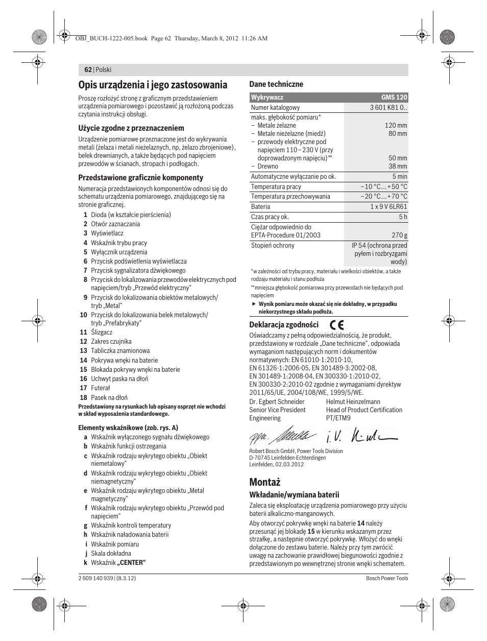 Opis urządzenia i jego zastosowania, Montaż | Bosch GMS 120 Professional User Manual | Page 62 / 156