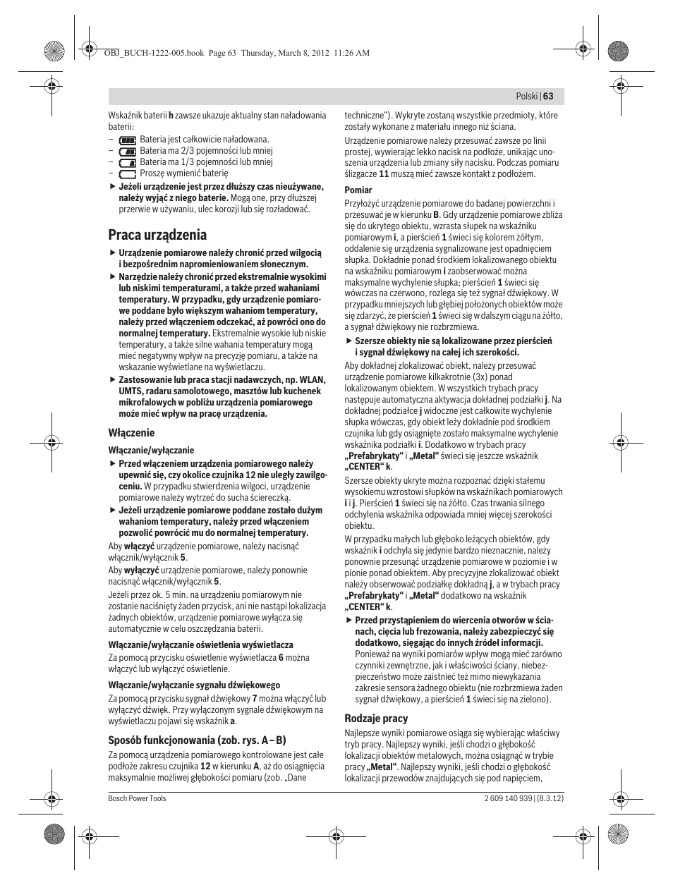 Praca urządzenia | Bosch GMS 120 Professional User Manual | Page 63 / 156