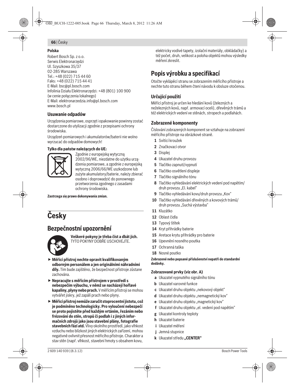 Česky, Bezpečnostní upozornění, Popis výrobku a specifikací | Bosch GMS 120 Professional User Manual | Page 66 / 156