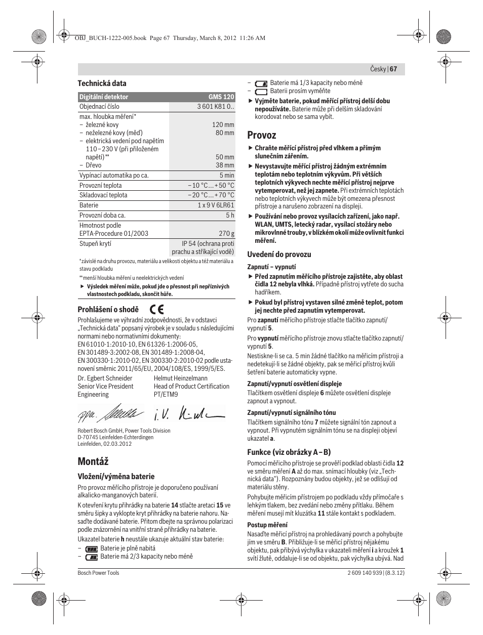 Montáž, Provoz | Bosch GMS 120 Professional User Manual | Page 67 / 156