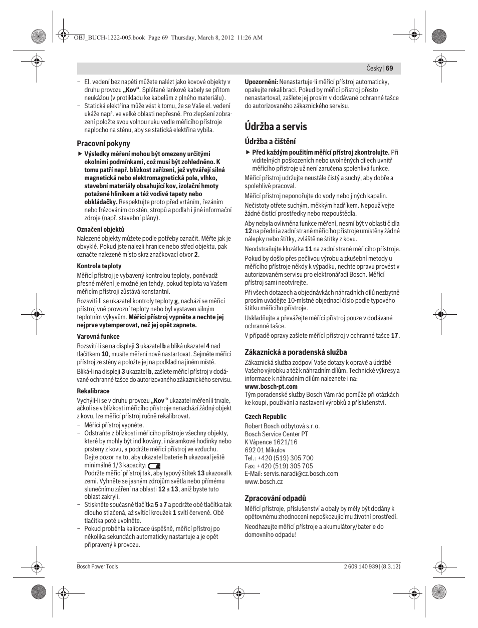 Údržba a servis | Bosch GMS 120 Professional User Manual | Page 69 / 156