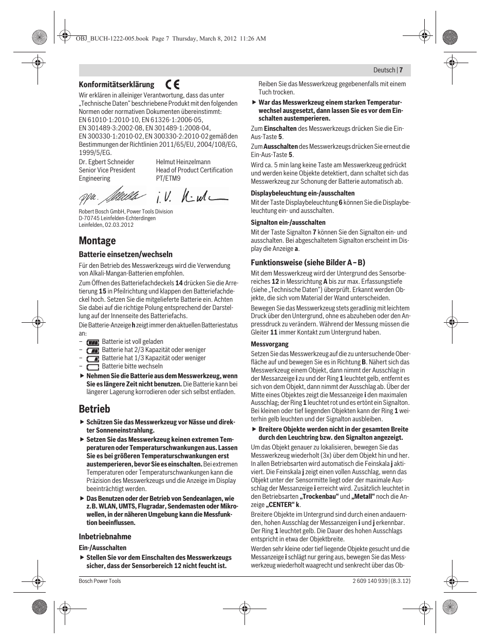 Montage, Betrieb | Bosch GMS 120 Professional User Manual | Page 7 / 156