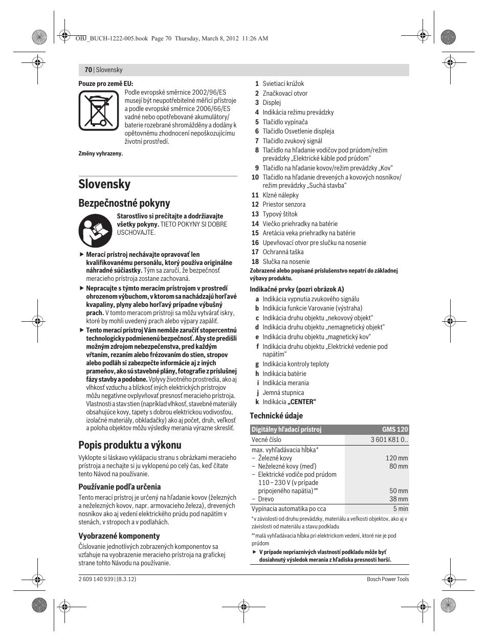 Slovensky, Bezpečnostné pokyny, Popis produktu a výkonu | Bosch GMS 120 Professional User Manual | Page 70 / 156