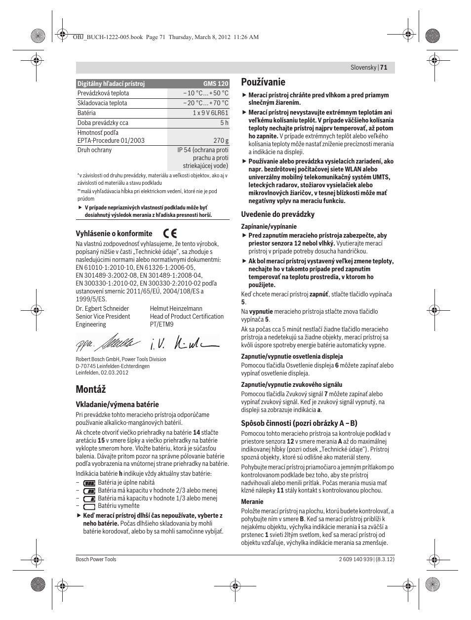 Montáž, Používanie | Bosch GMS 120 Professional User Manual | Page 71 / 156