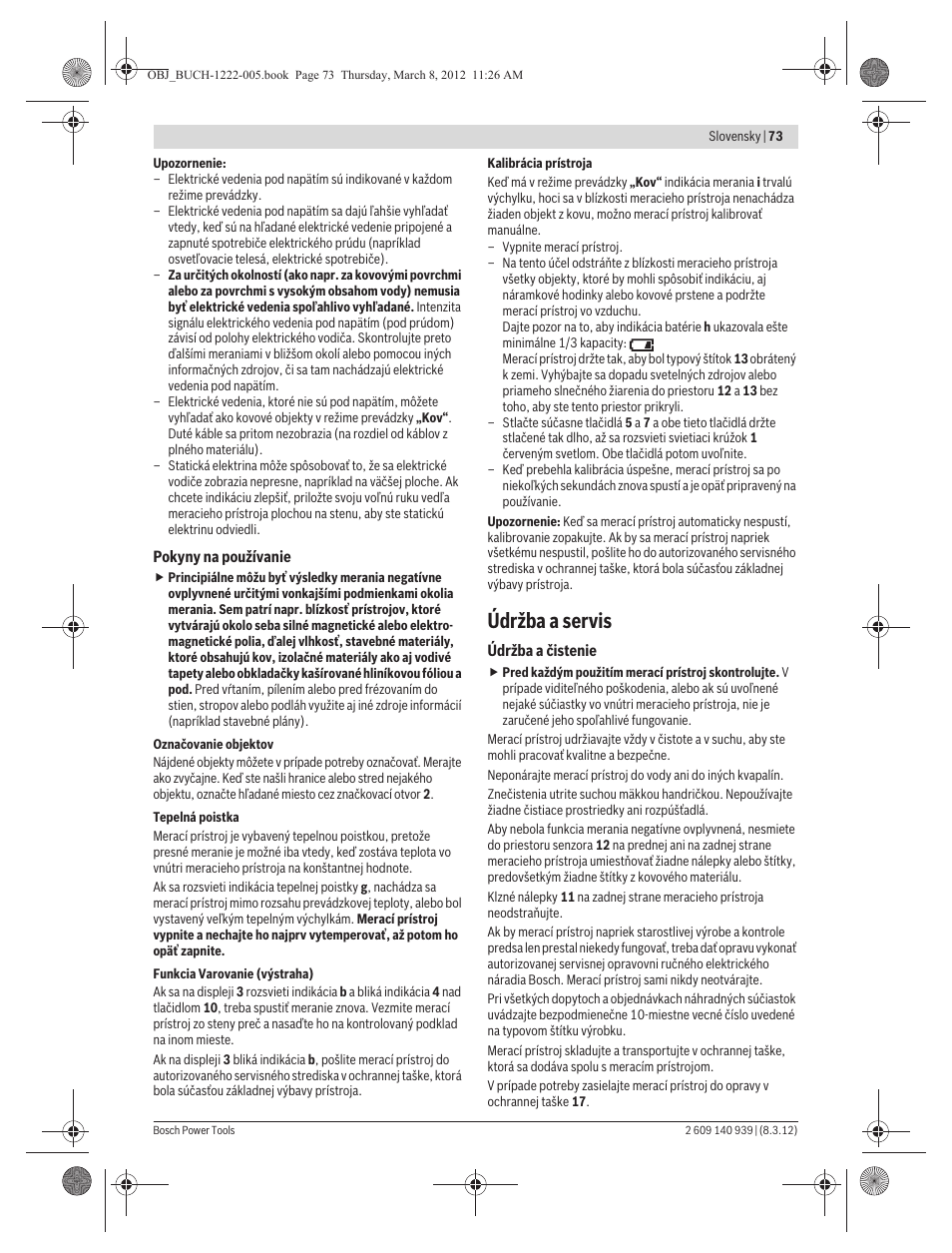 Údržba a servis | Bosch GMS 120 Professional User Manual | Page 73 / 156