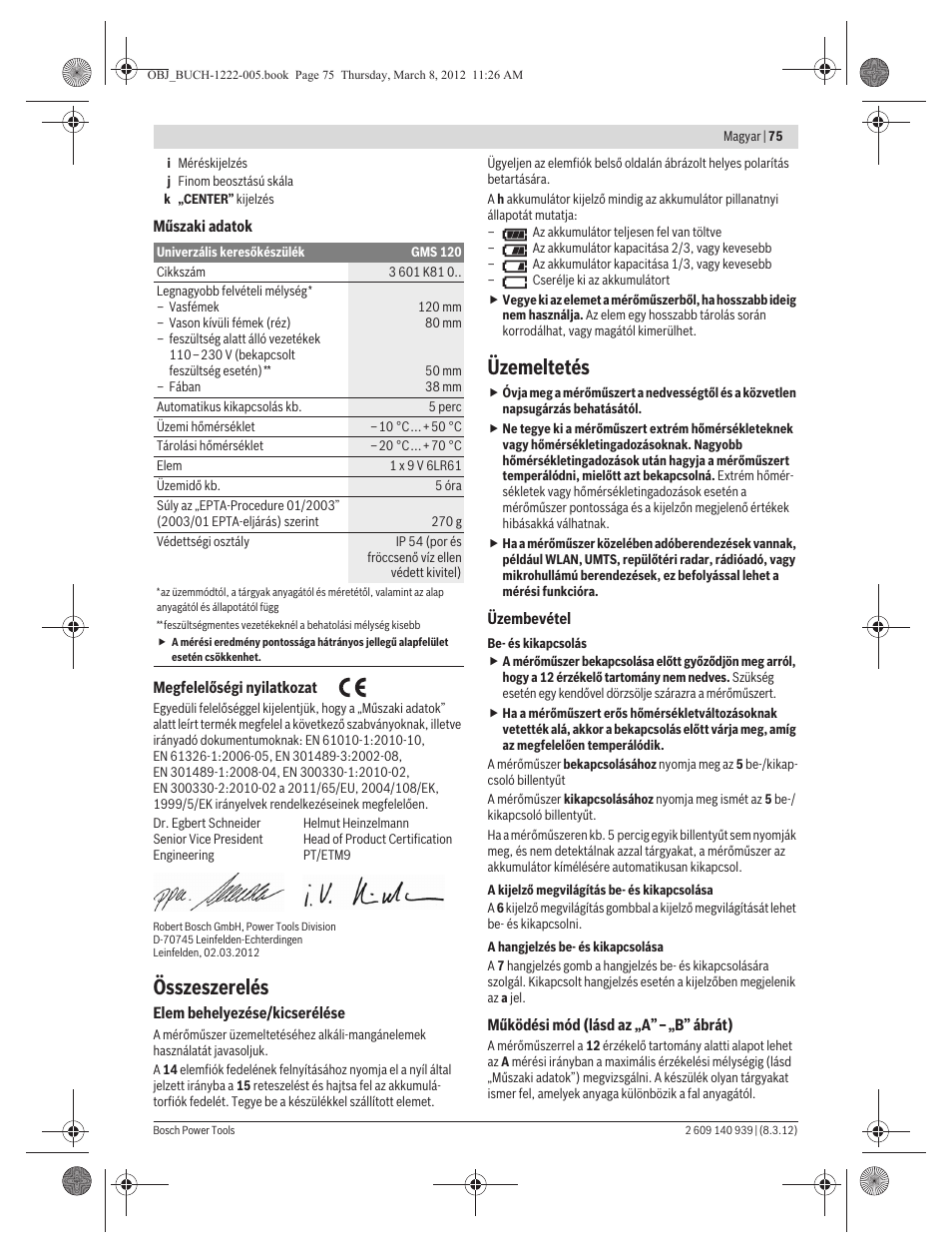 Összeszerelés, Üzemeltetés | Bosch GMS 120 Professional User Manual | Page 75 / 156