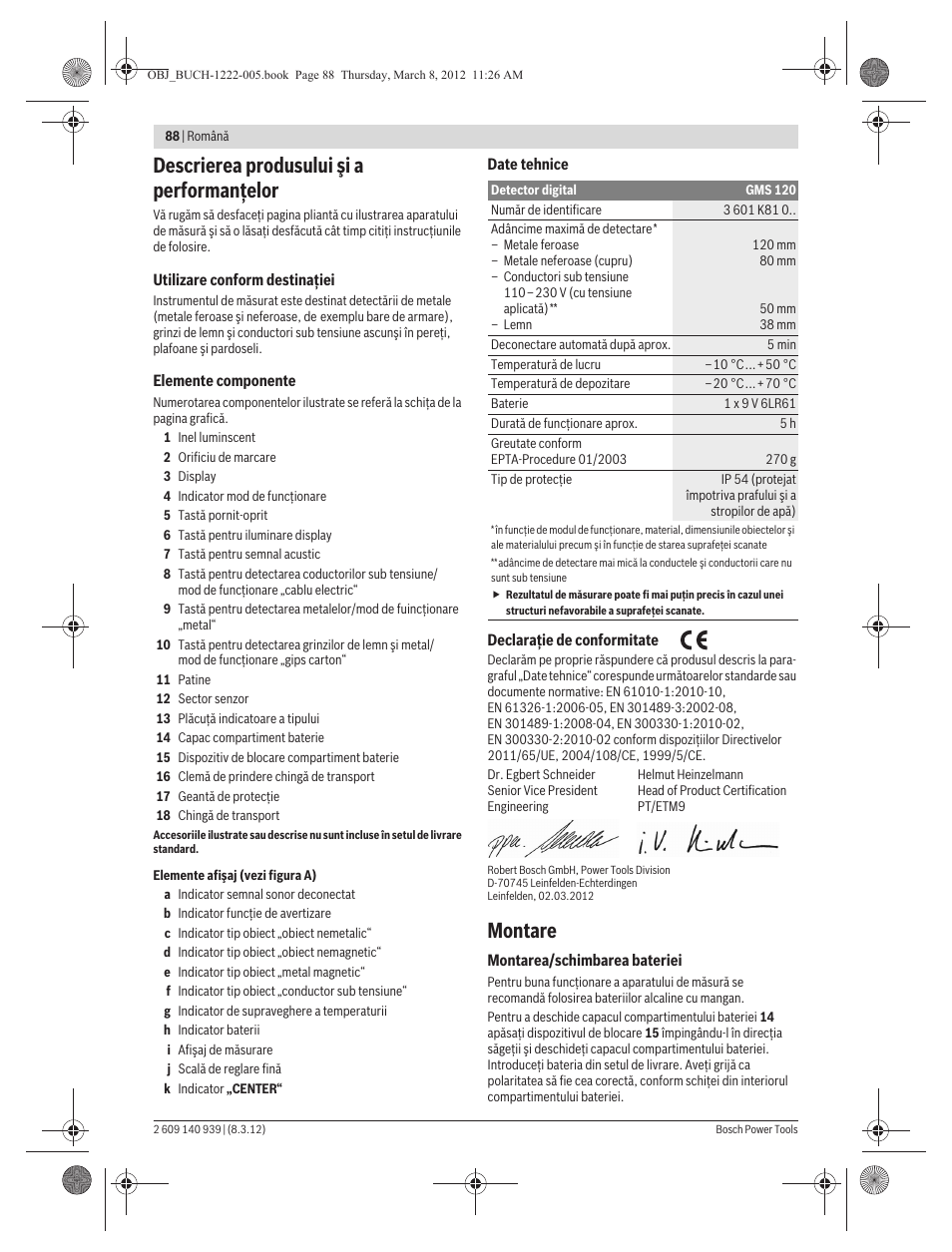 Descrierea produsului şi a performanţelor, Montare | Bosch GMS 120 Professional User Manual | Page 88 / 156