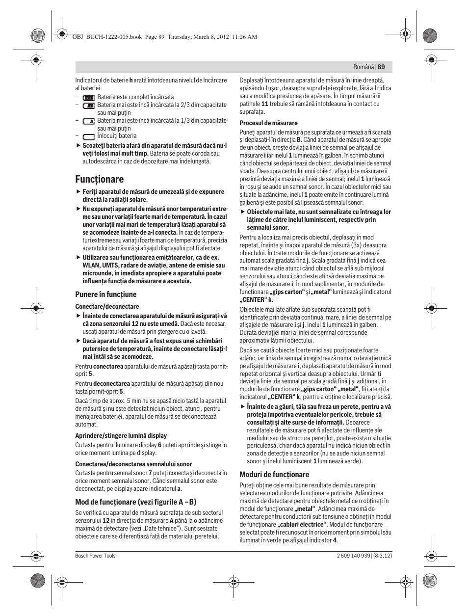 Funcţionare | Bosch GMS 120 Professional User Manual | Page 89 / 156