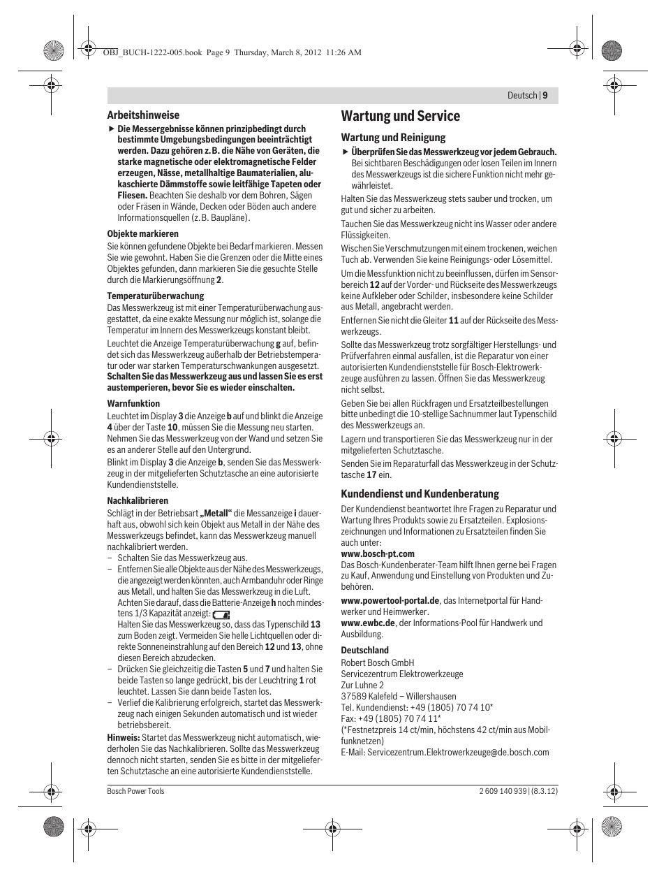 Wartung und service | Bosch GMS 120 Professional User Manual | Page 9 / 156