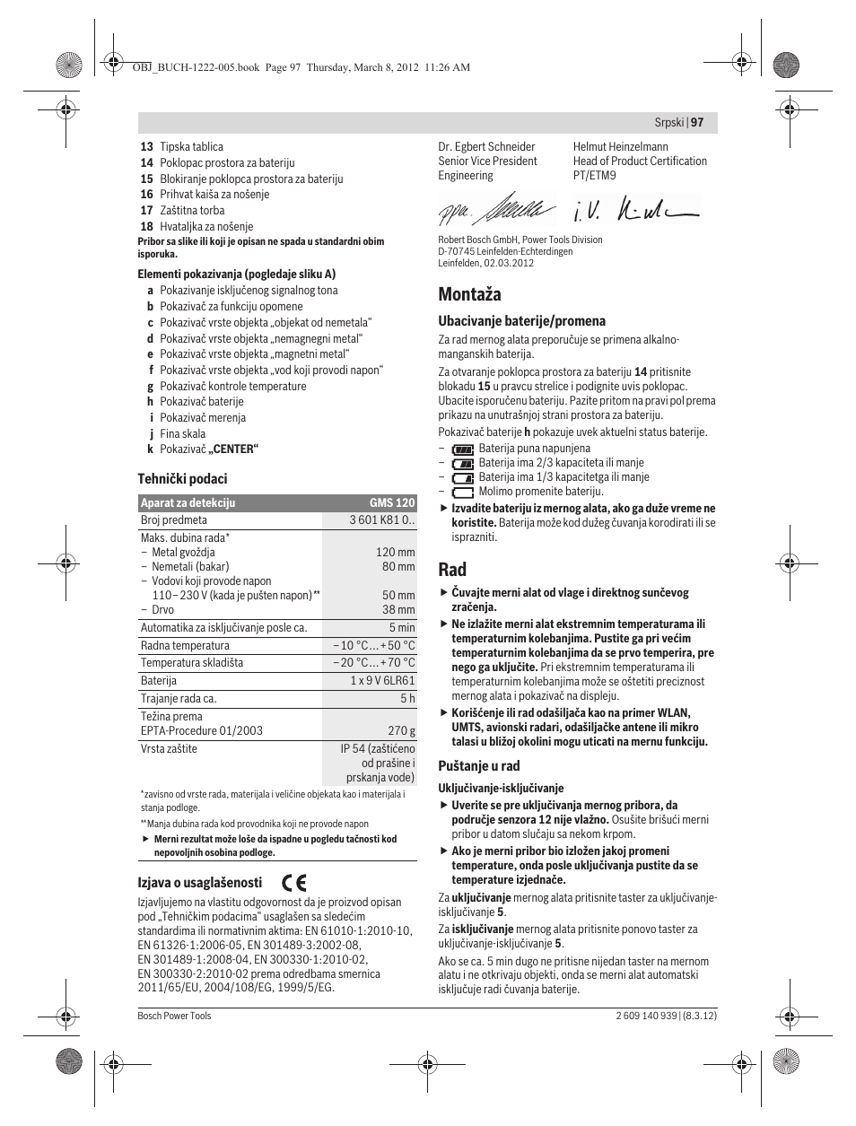 Montaža | Bosch GMS 120 Professional User Manual | Page 97 / 156