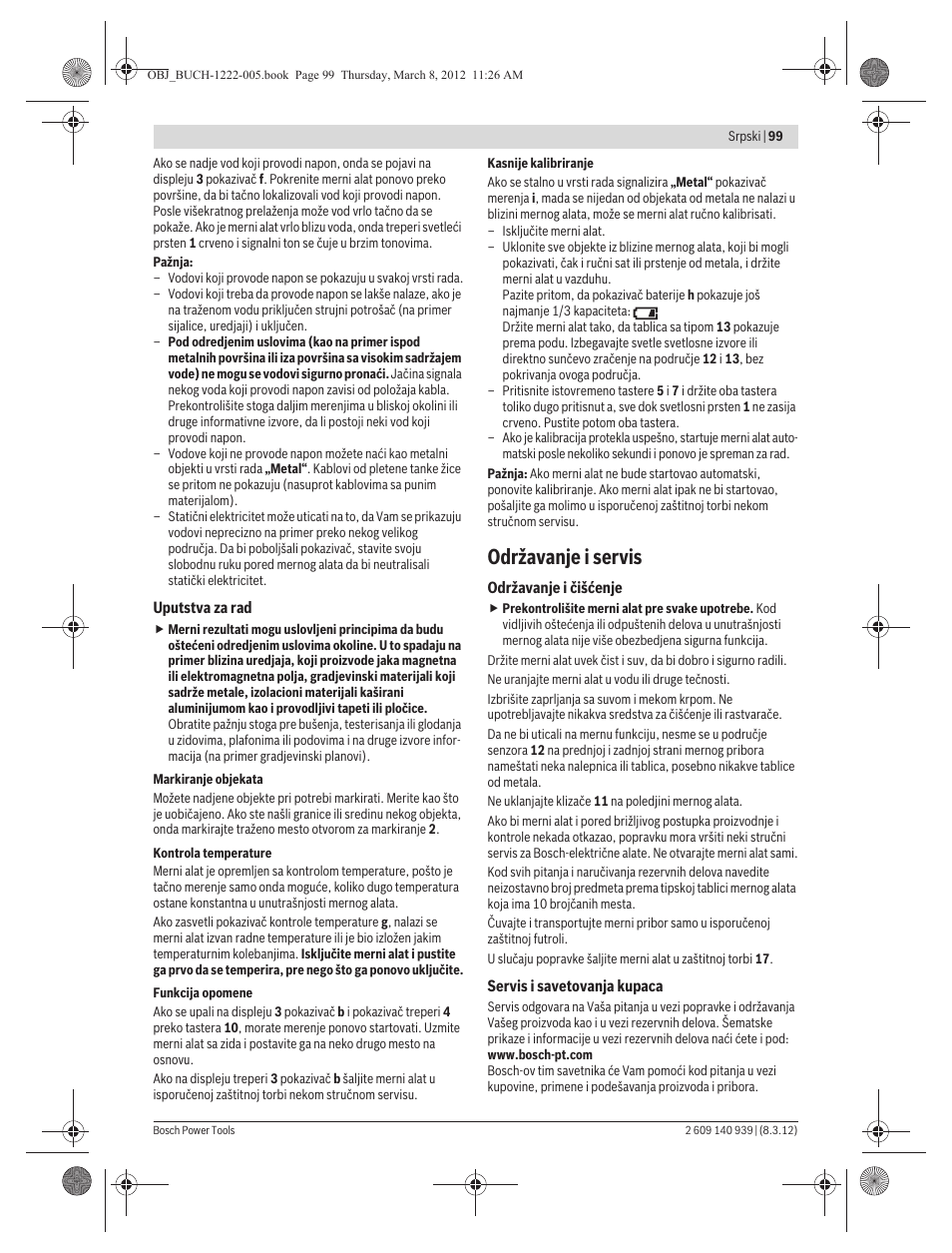 Održavanje i servis | Bosch GMS 120 Professional User Manual | Page 99 / 156