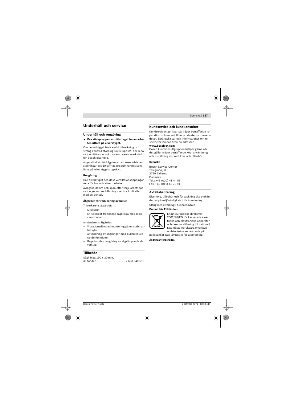 Underhåll och service | Bosch PPS 7S User Manual | Page 187 / 537