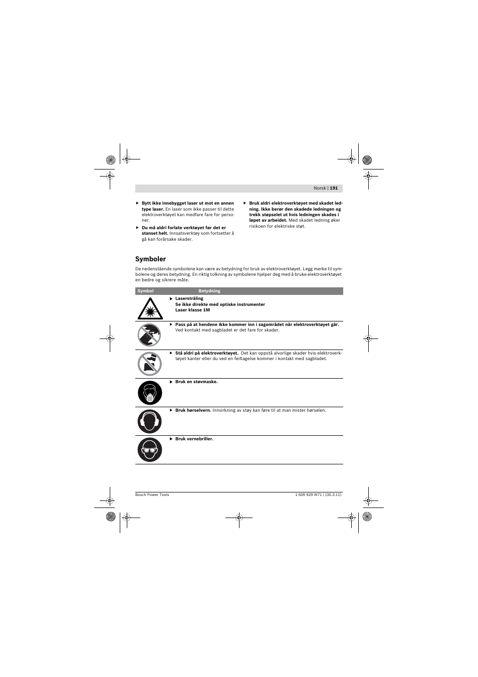 Symboler | Bosch PPS 7S User Manual | Page 191 / 537