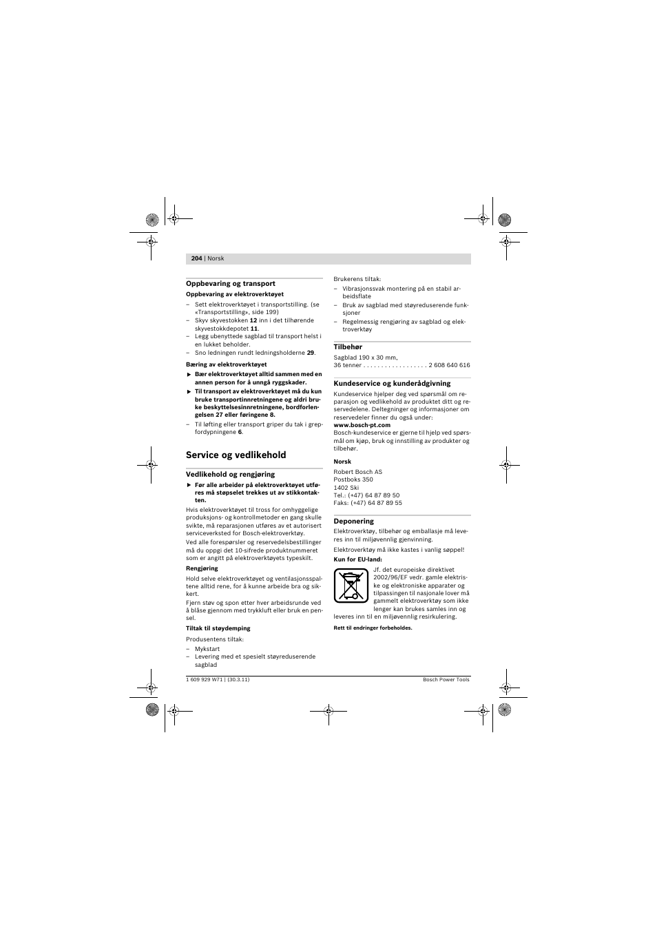 Service og vedlikehold | Bosch PPS 7S User Manual | Page 204 / 537