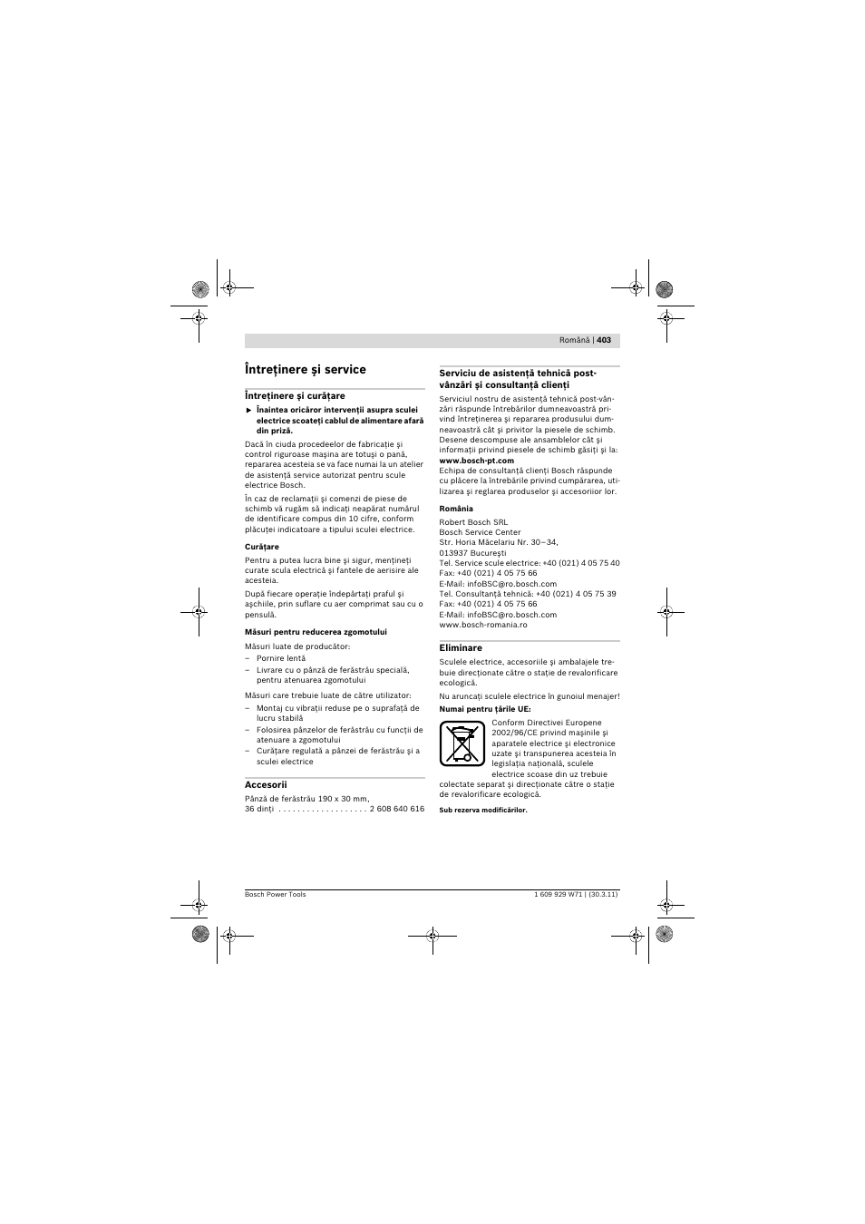 Întreţinere şi service | Bosch PPS 7S User Manual | Page 403 / 537